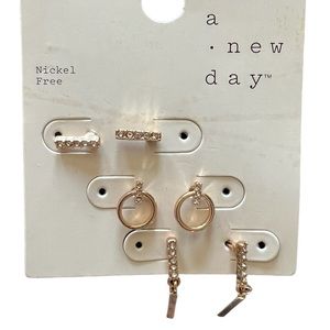 A New Day Gold Dainty Earrings Set 3 Pairs Stud Hoop Bar Stackable Cute
